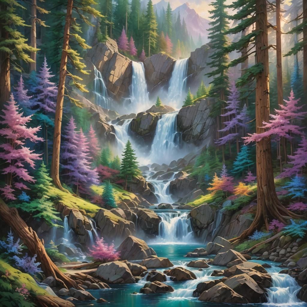 Kaleidoscope Waterfall Shimmers in Mystical Landscape