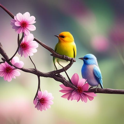 Birds in Cherry Tree: 3D Rendered Art