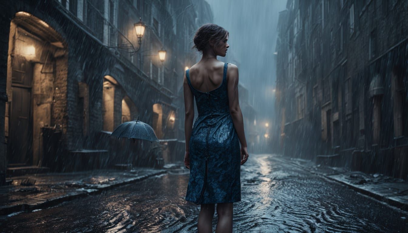 Lady in Rainy City Alleyway, Newsprint Dress