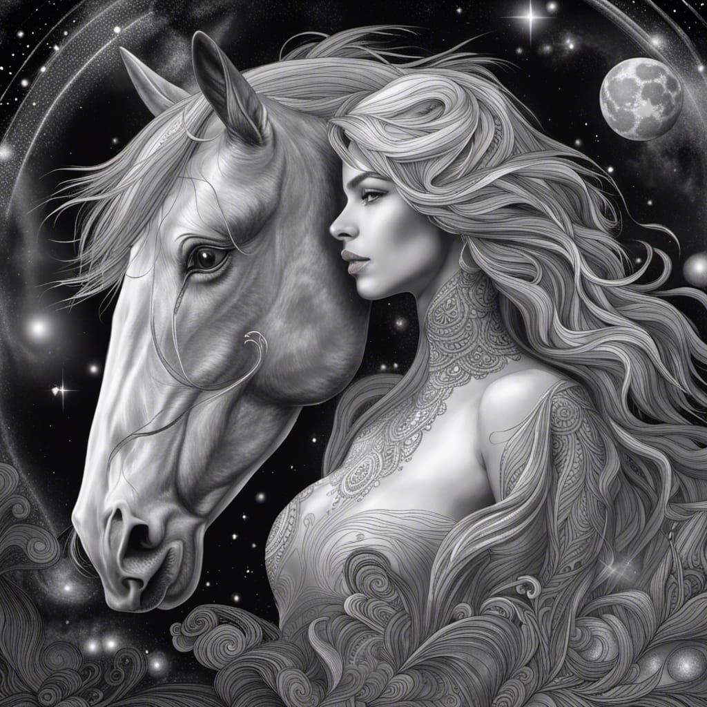 Girl on Horse: Cosmic Holographic Illustration