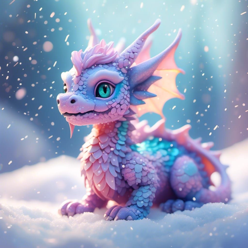 Pastel Anime Dragon in Snowy Winter Landscape
