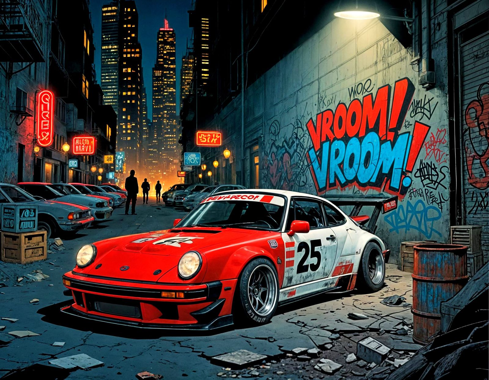 1970s Dark Fantasy Racing Car in Urban Alley