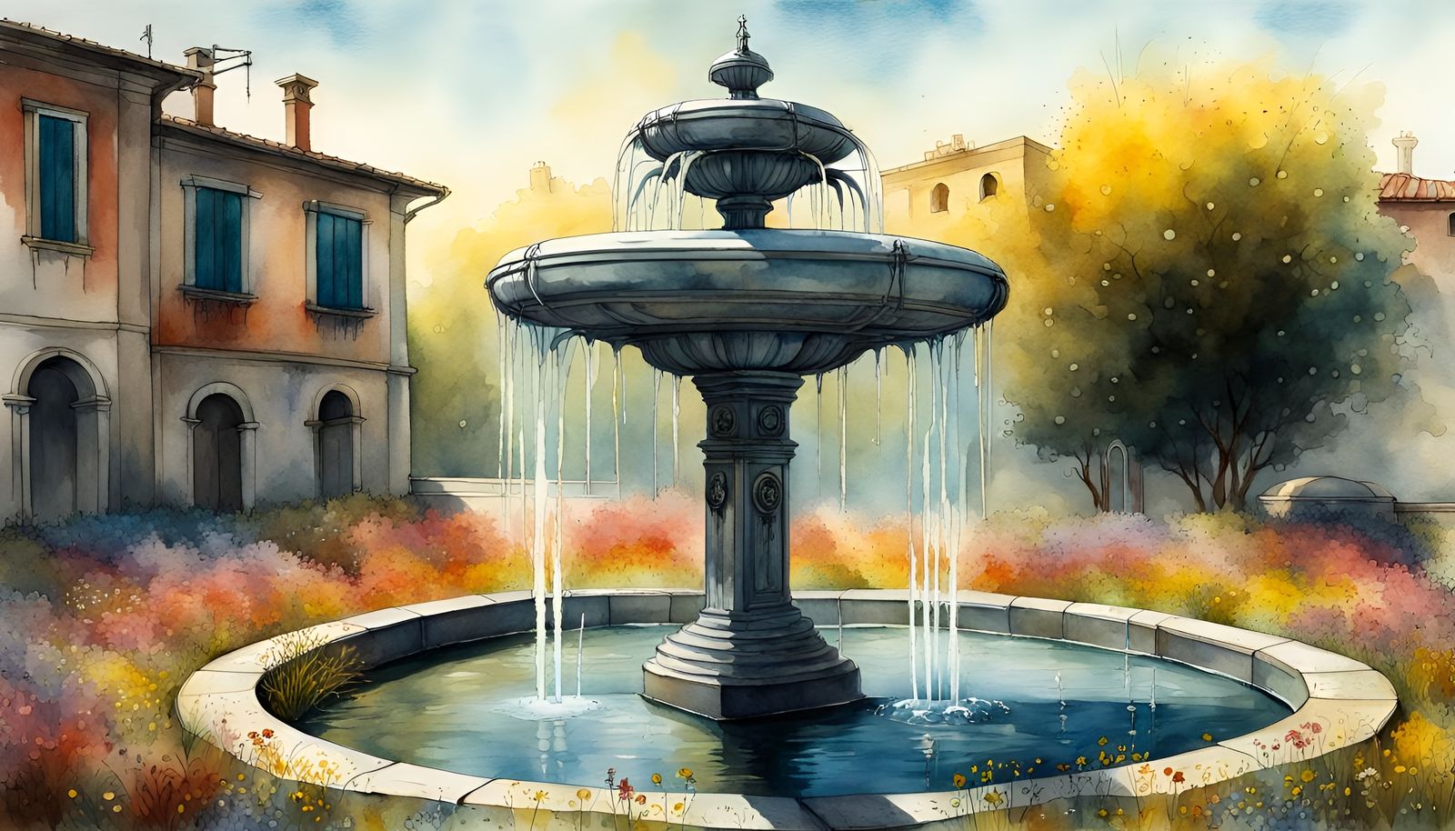 Italian Fountain Surrounded by Wildflowers in Steampunk Styl...