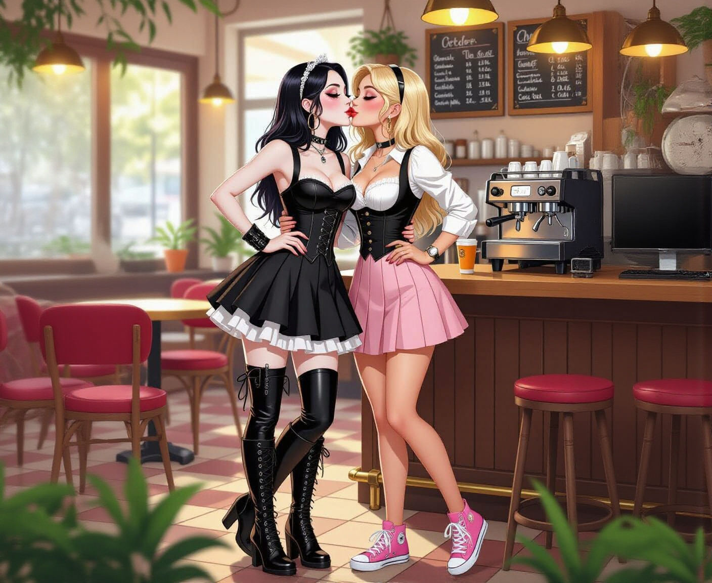 Goth and Pop Characters Kissing in Bohemian Coffee Shop