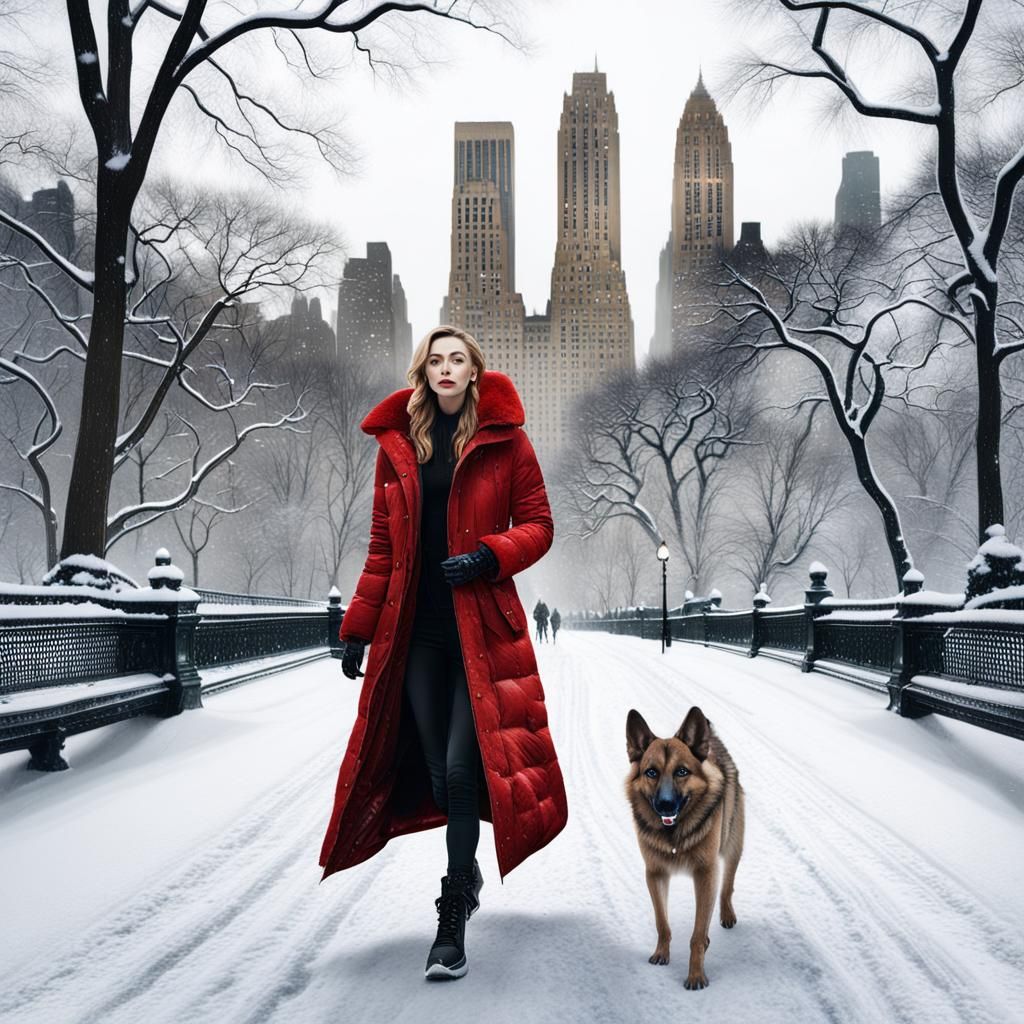 Woman Walks Alsatian in Snowy Central Park