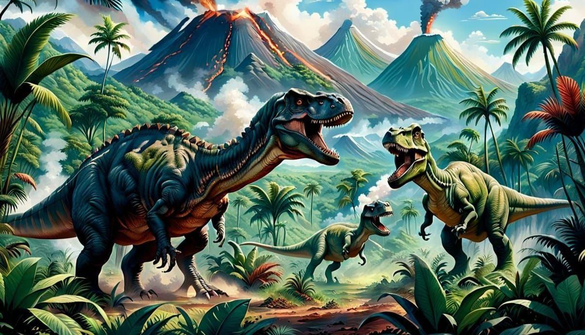Epic Prehistoric Scene in Vibrant Tropical Jungle