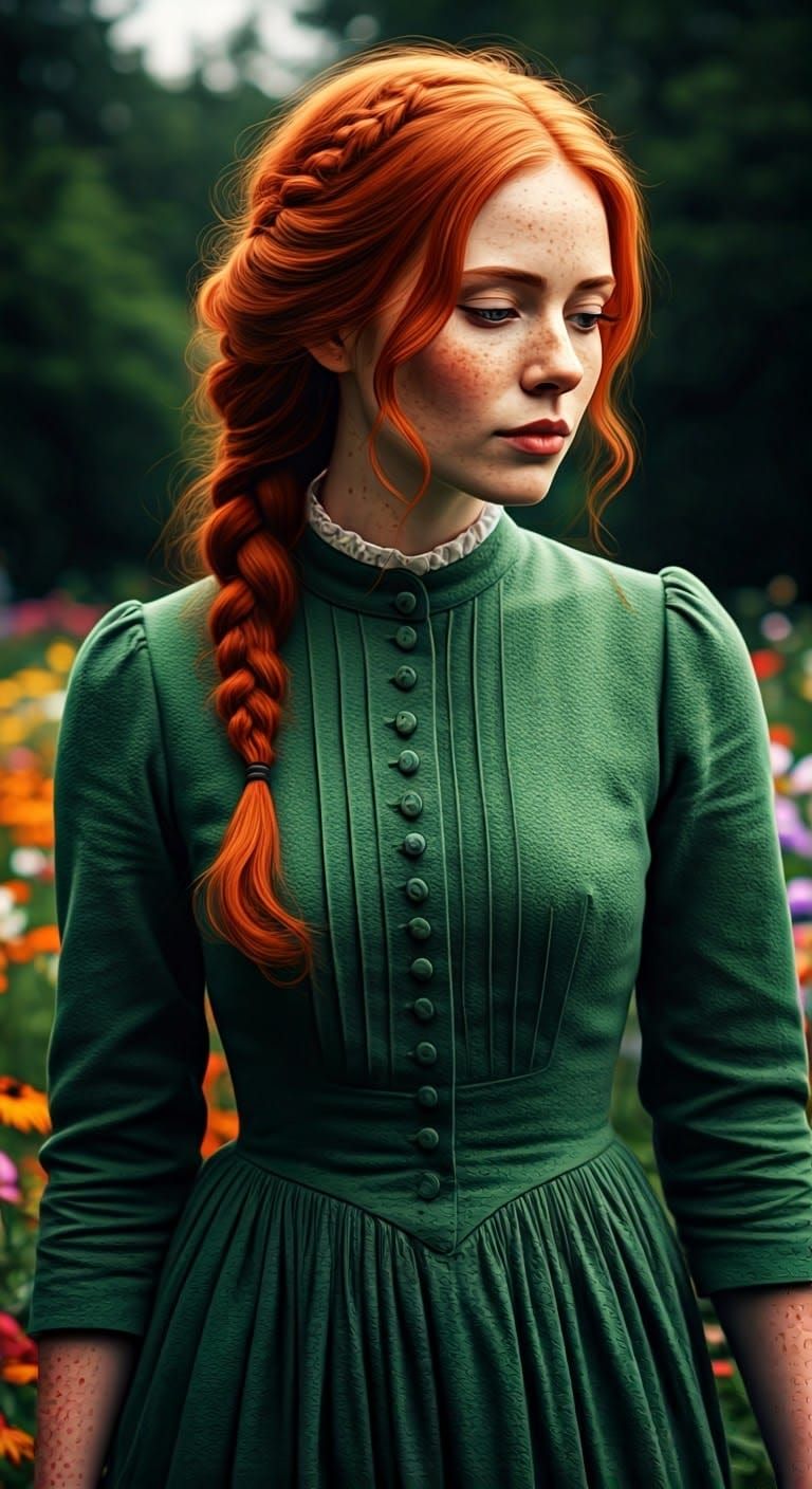 Hyperrealistic Portrait of Redhead in Flower Garden
