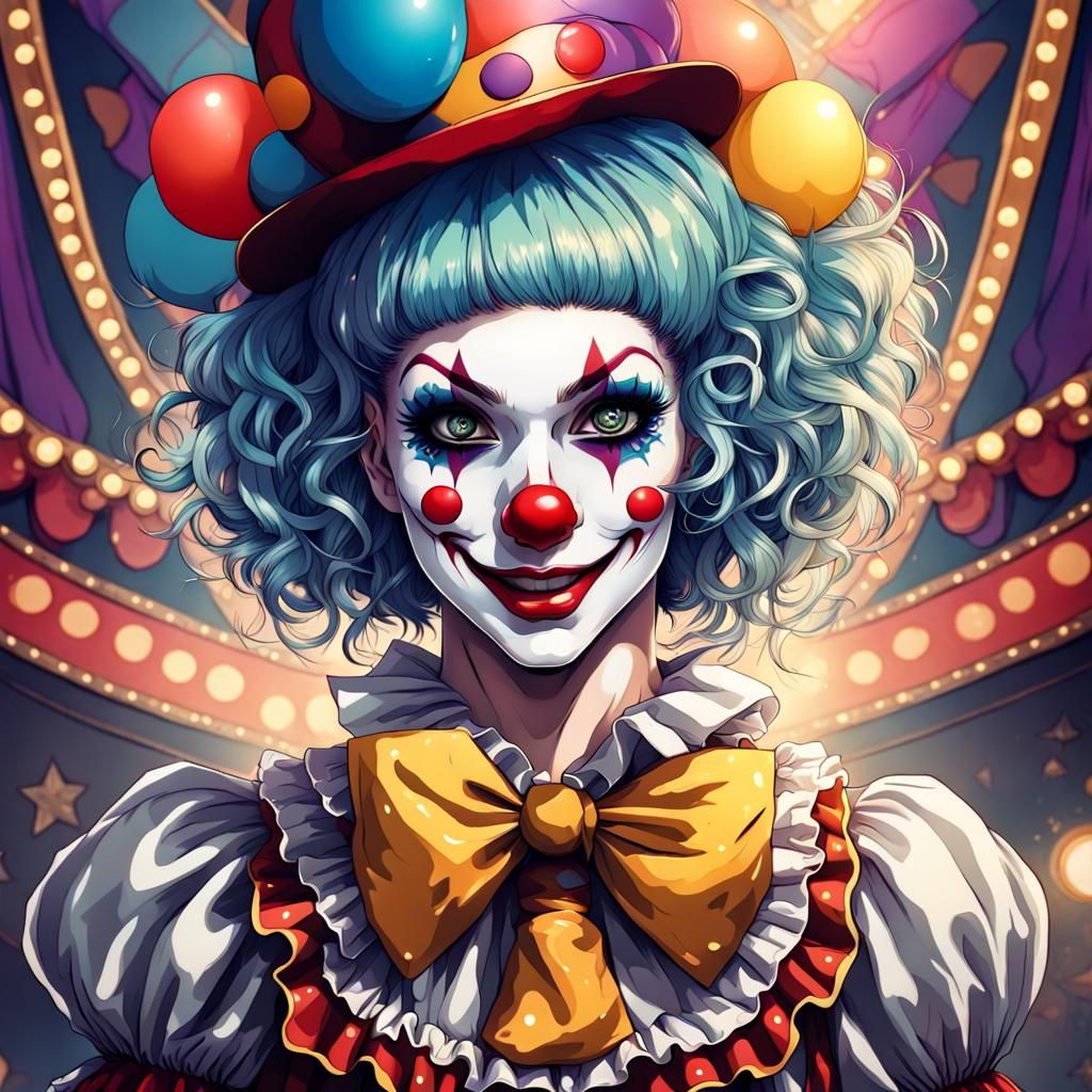 Anime-Style Female Clown in a Vibrant Circuspunk Scene