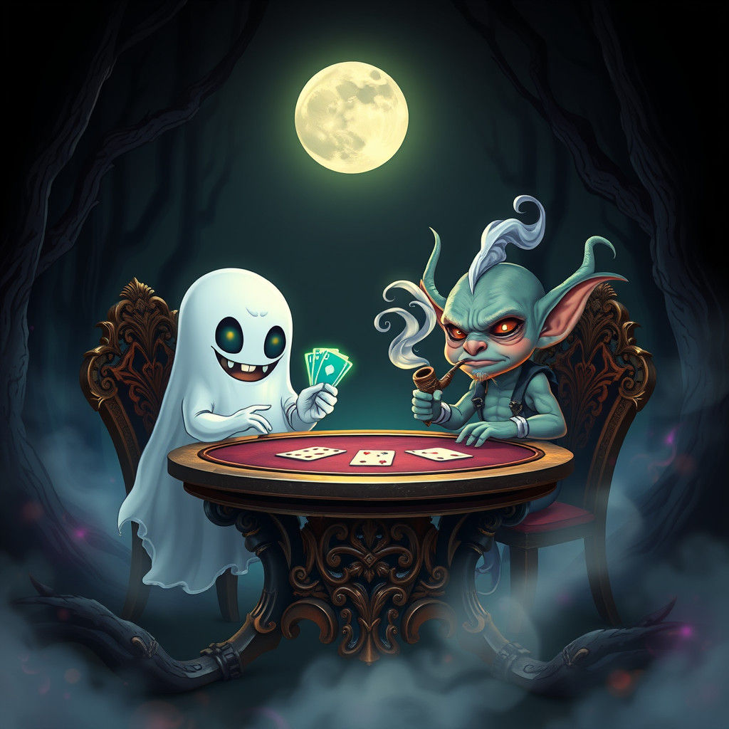 Ghost and Goblin Play Poker in Mystical Forest