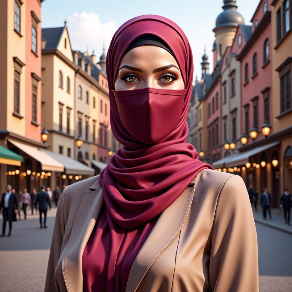 Veiled Woman in European Square, Digital Portraiture