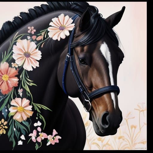 Majestic Horse in Wildflowers, Gouache Painting