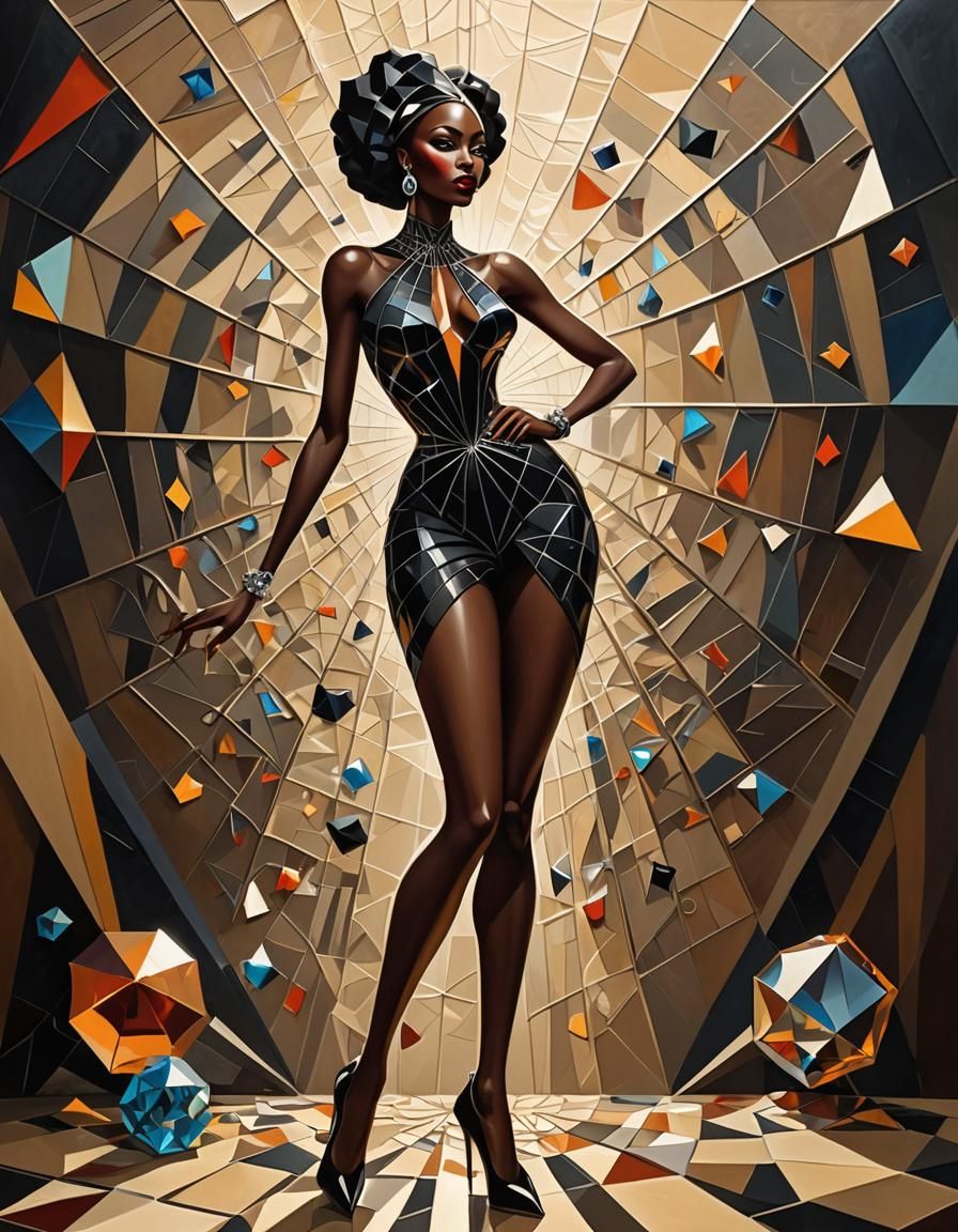 Elegant Web Girl with Gems in Cubist Style