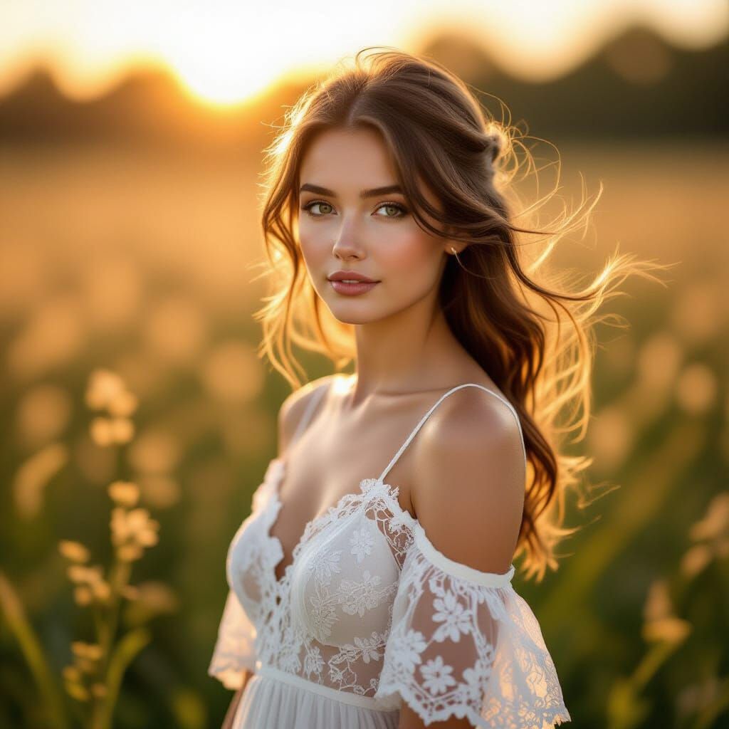 Serene Woman in White Lace Dress in Sunlight