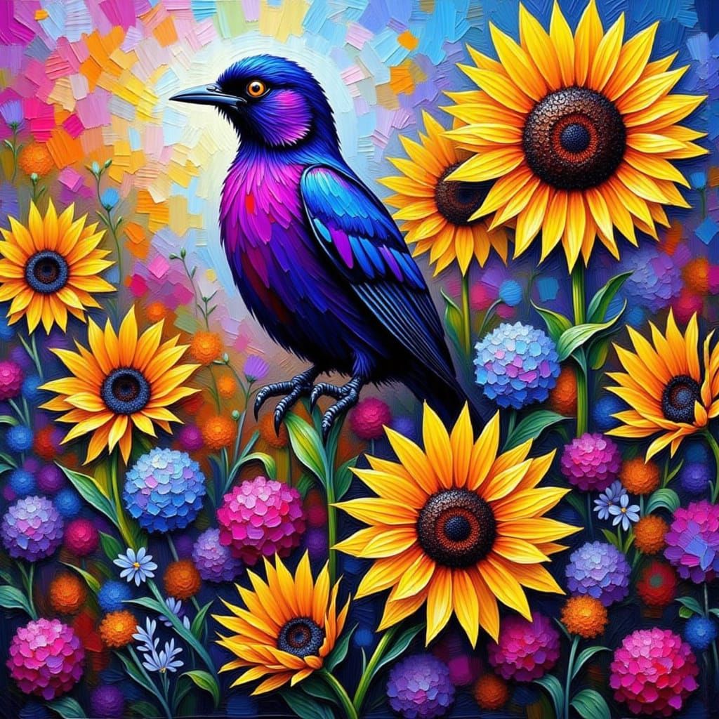 Purple Bird Among Sunflowers in Impasto Style