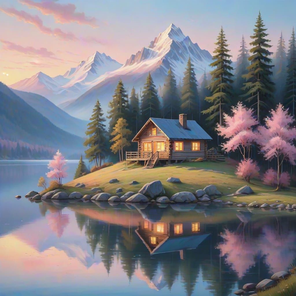 Cabin on Hill Above Lake at Dawn as Oil Painting