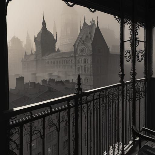 Expressionist Ink Balcony with Misty Cityscape