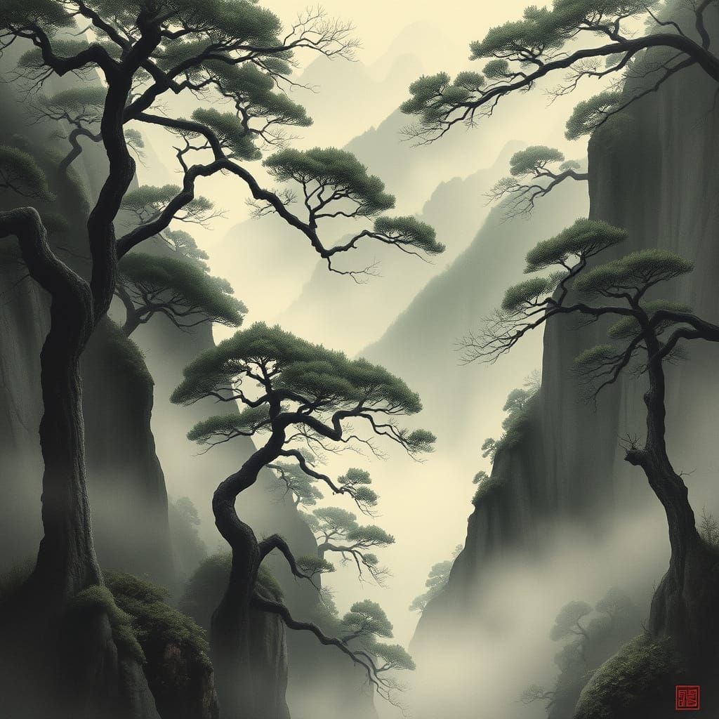 Ethereal Forest: Japanese Ink Painting Landscape