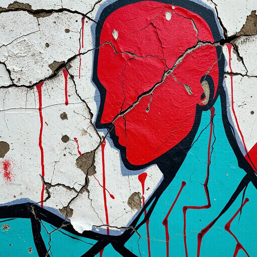 Distressed Urban Artwork in Bold Red and Teal