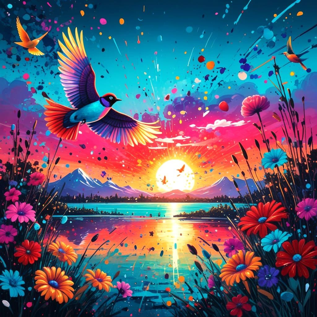 Vibrant Sequin Sunset Blooms Amidst Whimsical Graffiti