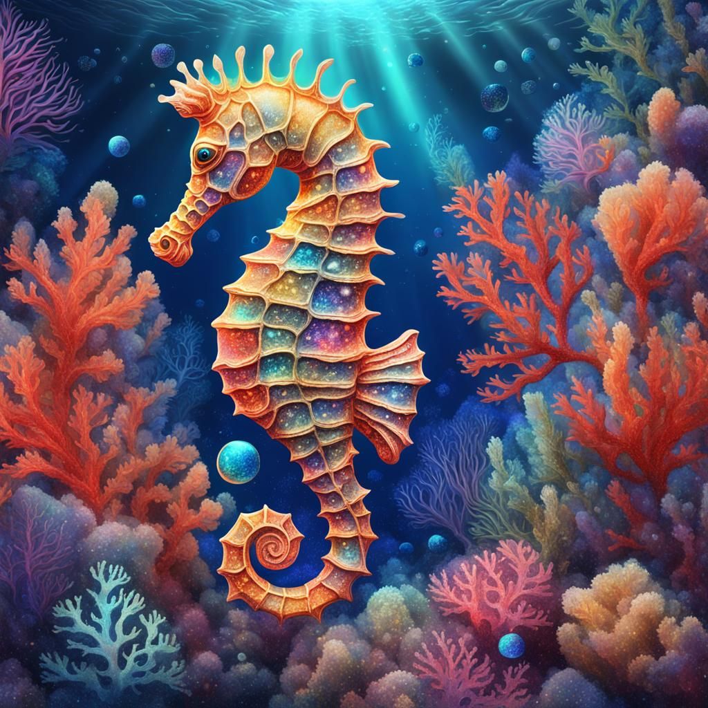 Glittering Seahorse Among Coral: Holographic Illustration