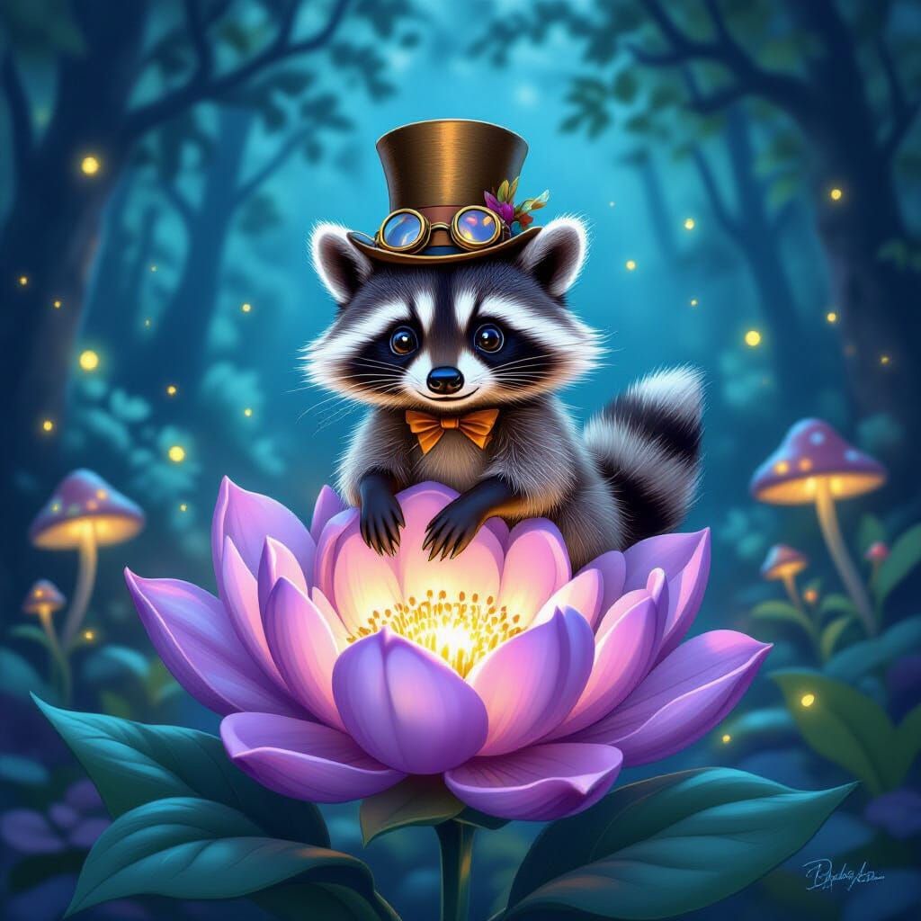 Whimsical Raccoon in Top Hat on Glowing Flower
