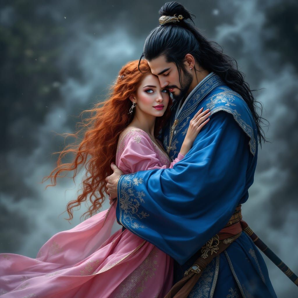 Samurai Royal Embraces Celtic Wife in Fantasy World