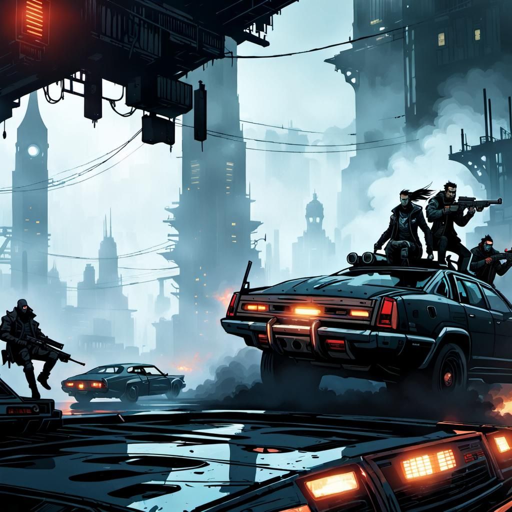 Cyberpunk Car Chase in Comic Art Style