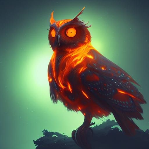 Bioluminescent Owl on Fire: Hyperdetailed Concept Art