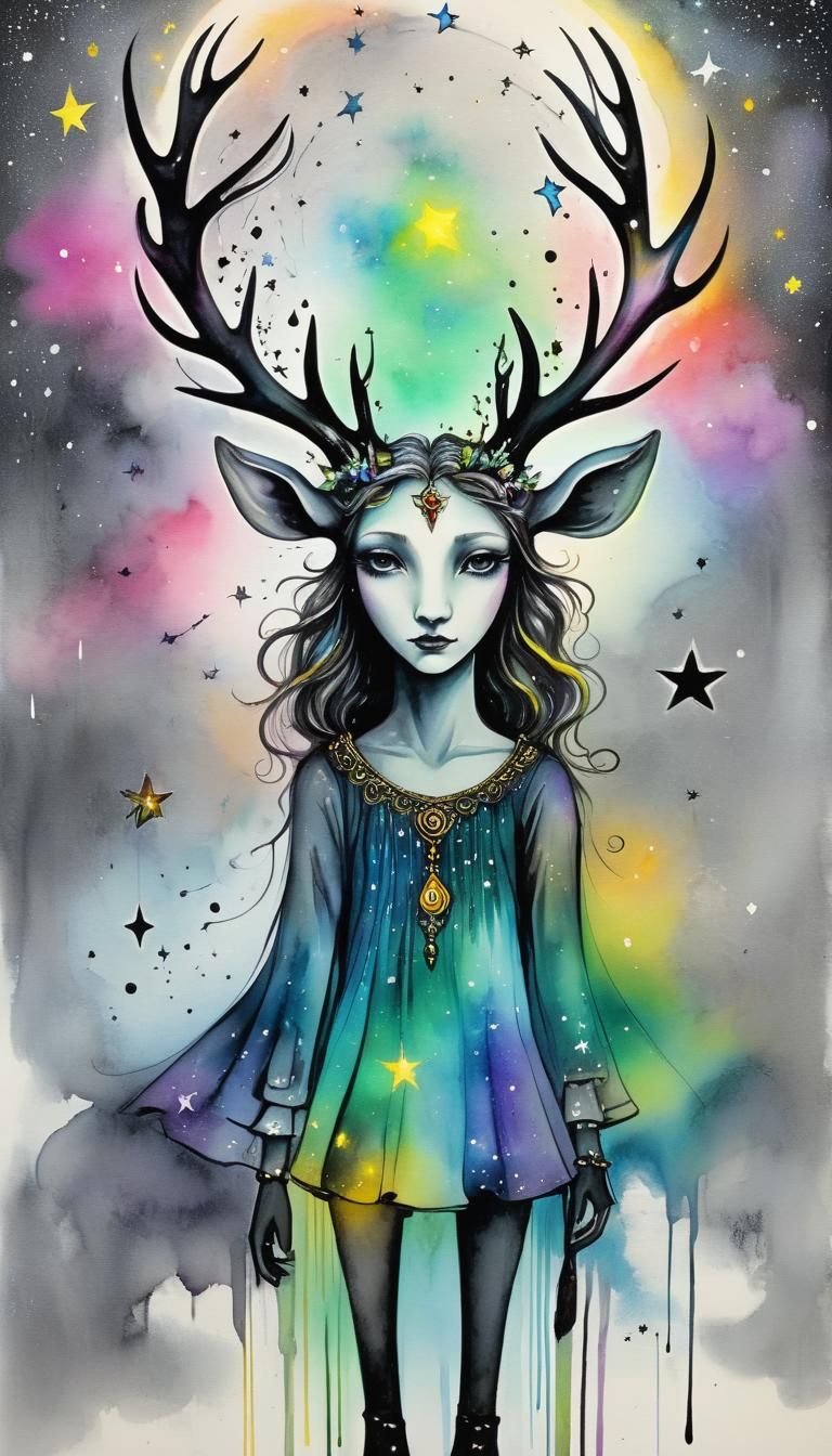 Pagan Horned Goddess in Rainy Starry Night