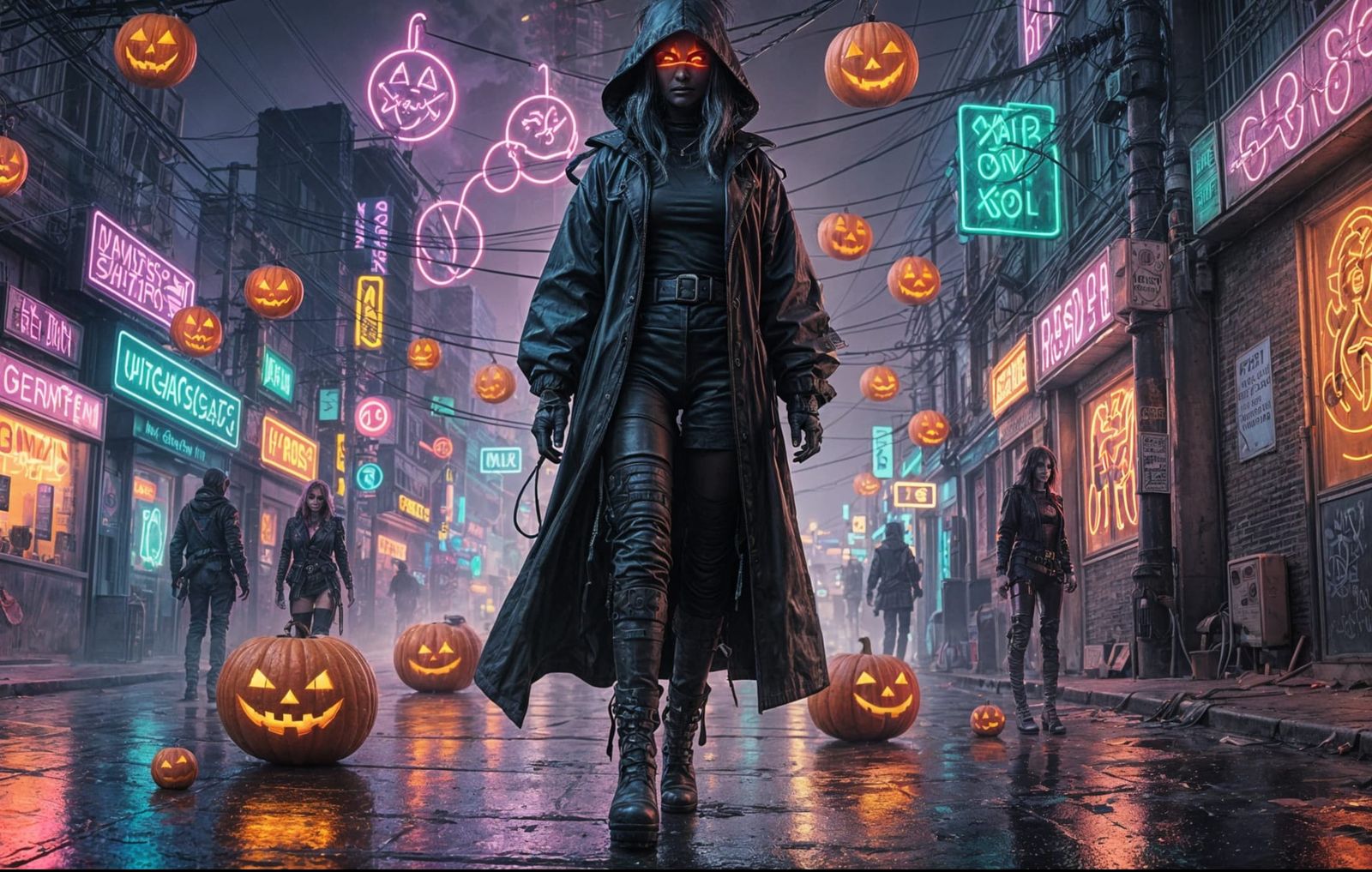 Cyberpunk Witch with Neon Jack-o-Lanterns