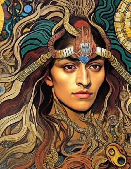 Aztec Goddess Mosaic Portrait in Cosmic Horror Style