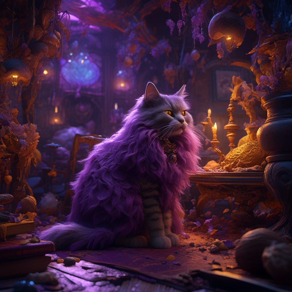 Hyperreal Cat's Giant Adventure: Dark Fantasy Art