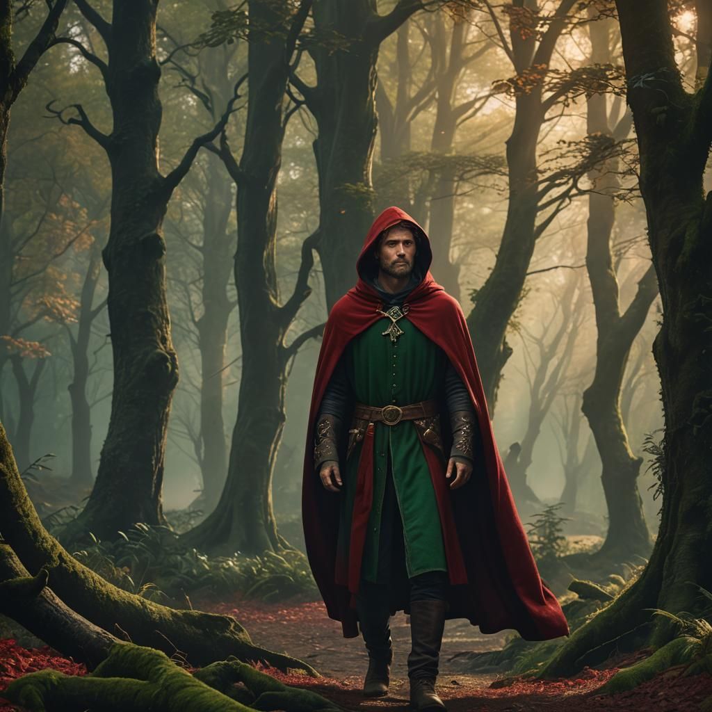 Medieval Man in Red Cloak in Mystical Forest