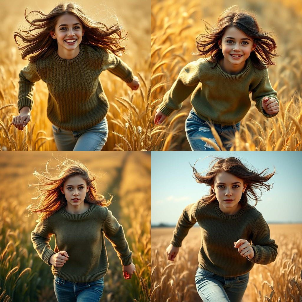 Girl in Olive Green Running in Wheat Field