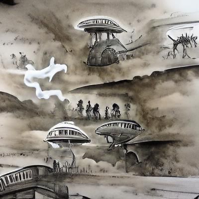 Aliens as Time Travelers in Ink Wash Style