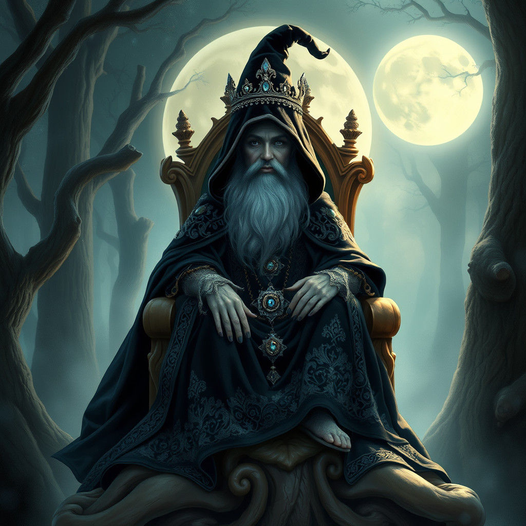 Night Gnome King on Ancient Throne in Mystical Forest
