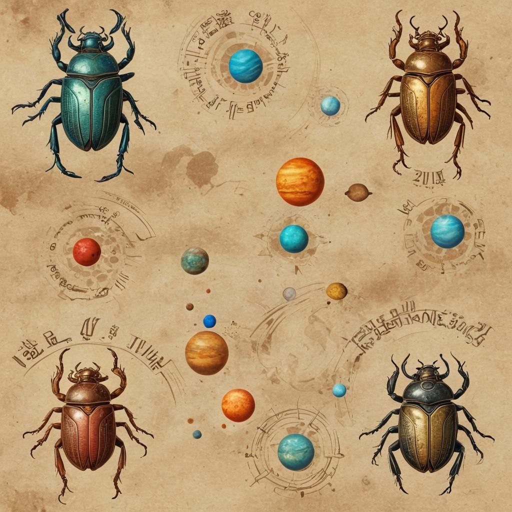 Colorful Planets with Scarabs and Hieroglyphs
