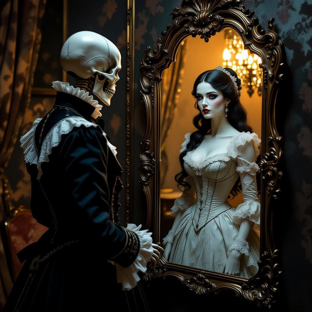 Victorian Ghost Gazes into Mirror Reflecting Beauty