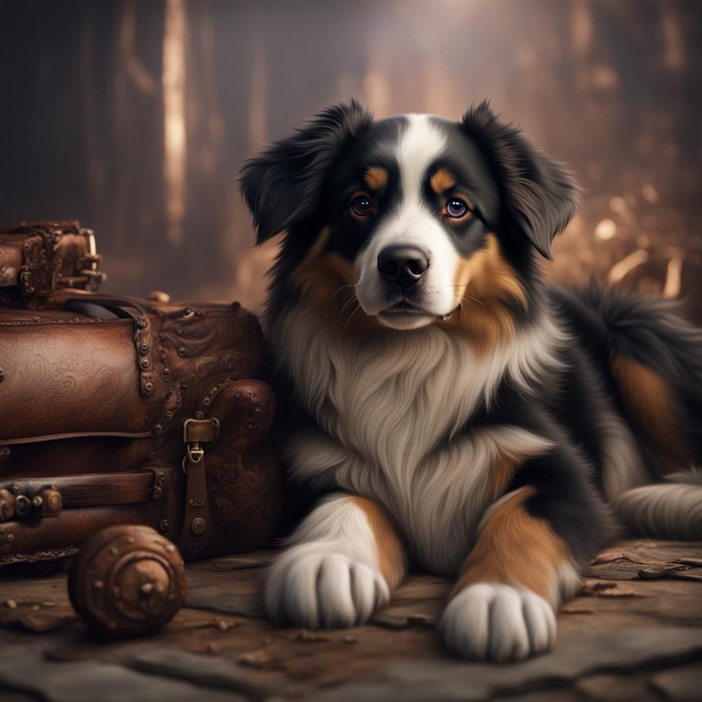 The studio portrait of the puppy dog Australian Shepherd lying 
leonardo diffusion xl, Dall E 2