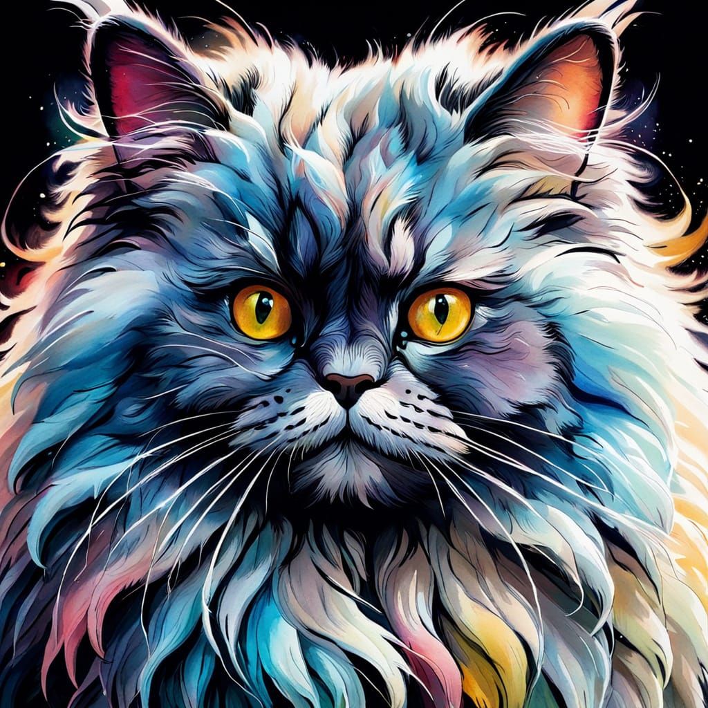 Hybrid Cat-Rabbit in Oil and Ink Illustration