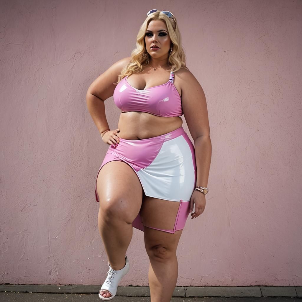 Curvaceous Blonde in Pink PVC Mini Skirt