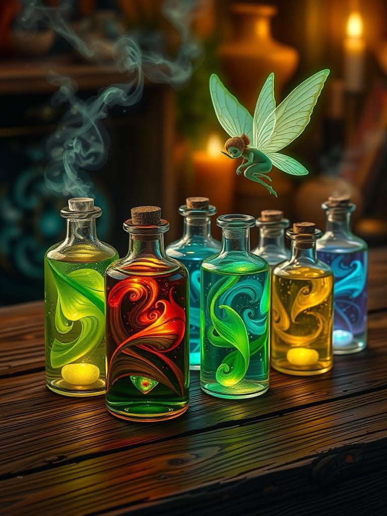 Magical Potions and Ethereal Green Fairy in Fantasy Art Styl...
