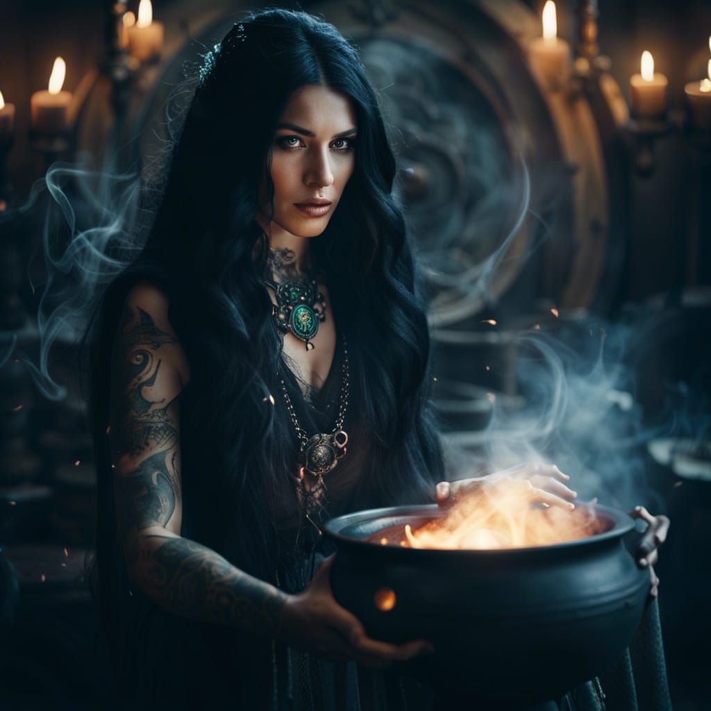 Medieval Sorceress Lost in Alchemy, Hyperrealistic Photo