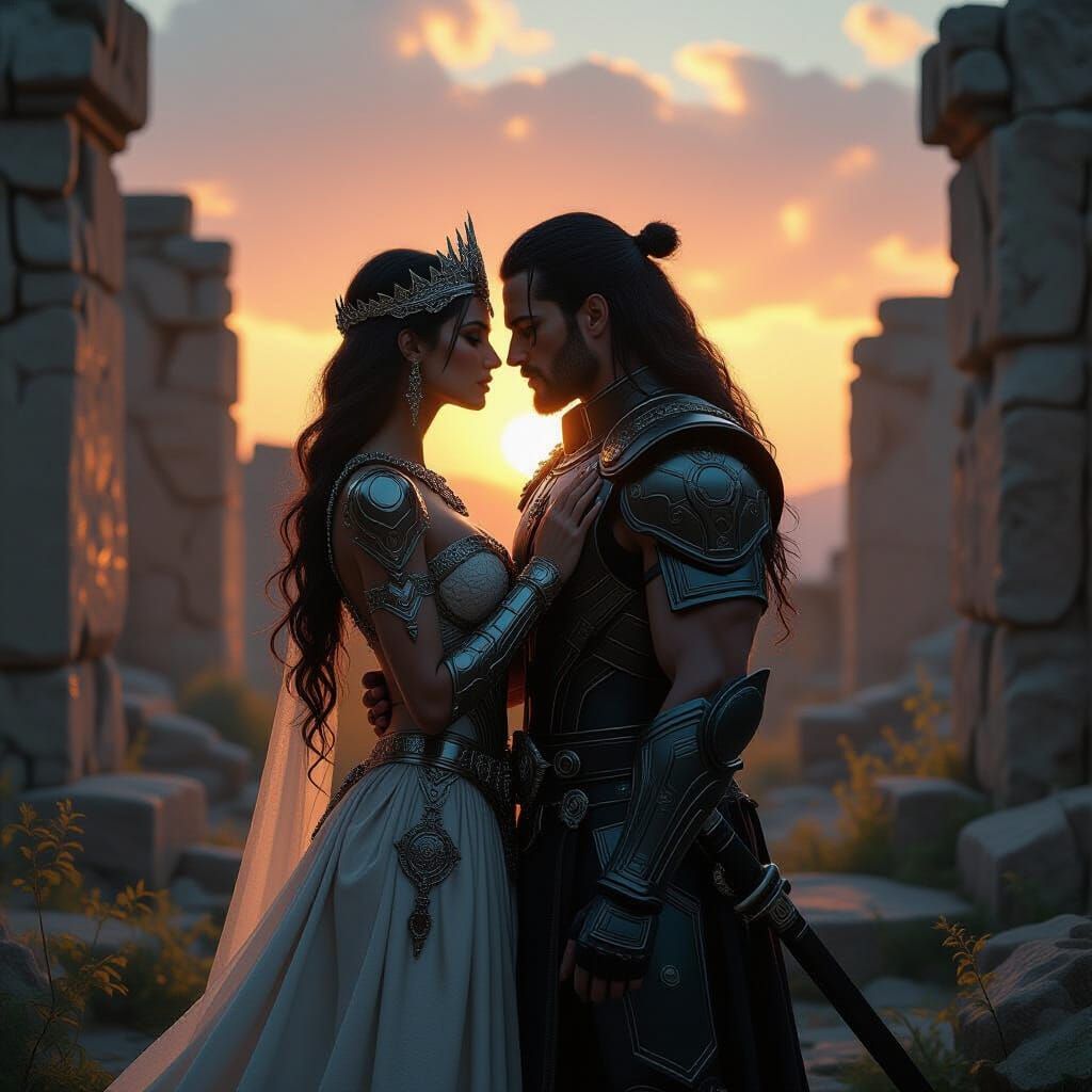 Cybernetic Warrior Queen and King in Ancient Ruins