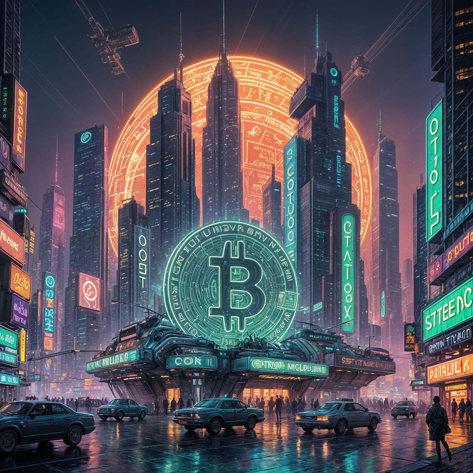 Futuristic Cityscape of Money Buildings with Neon Lights