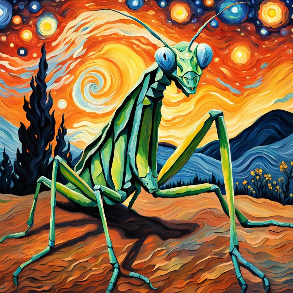 Giant Praying Mantis in Impressionist Style
