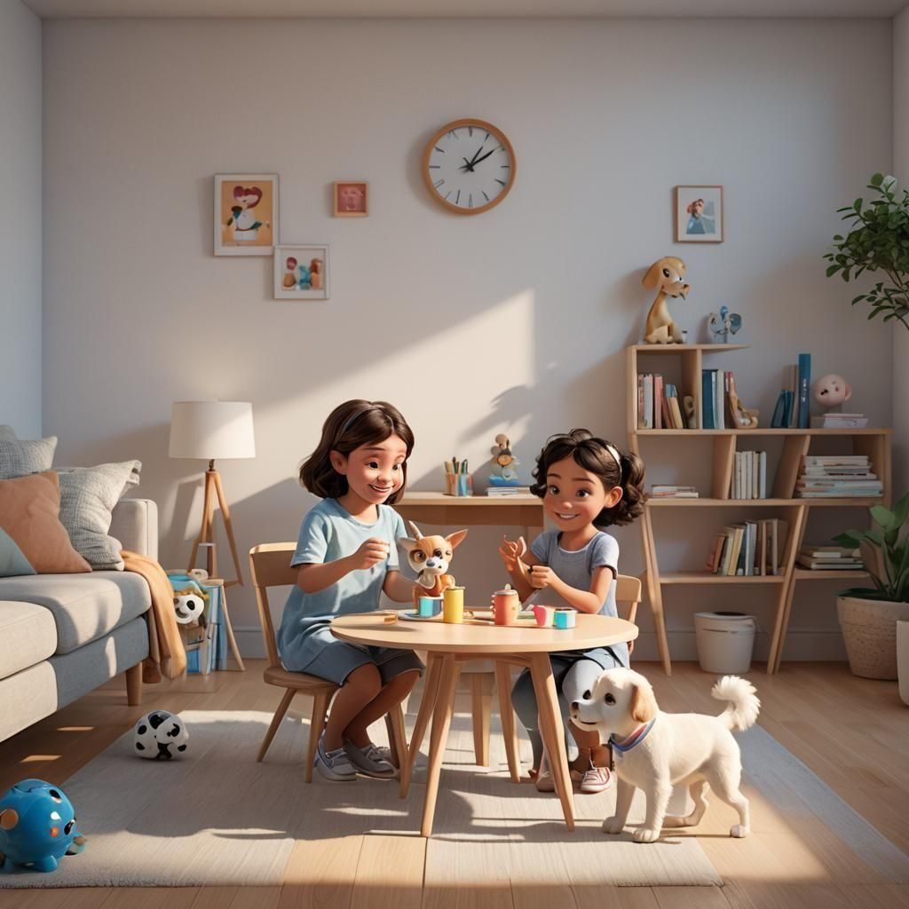 Smiling Girl Plays with Dolls: Pixar-Style 3D Art
