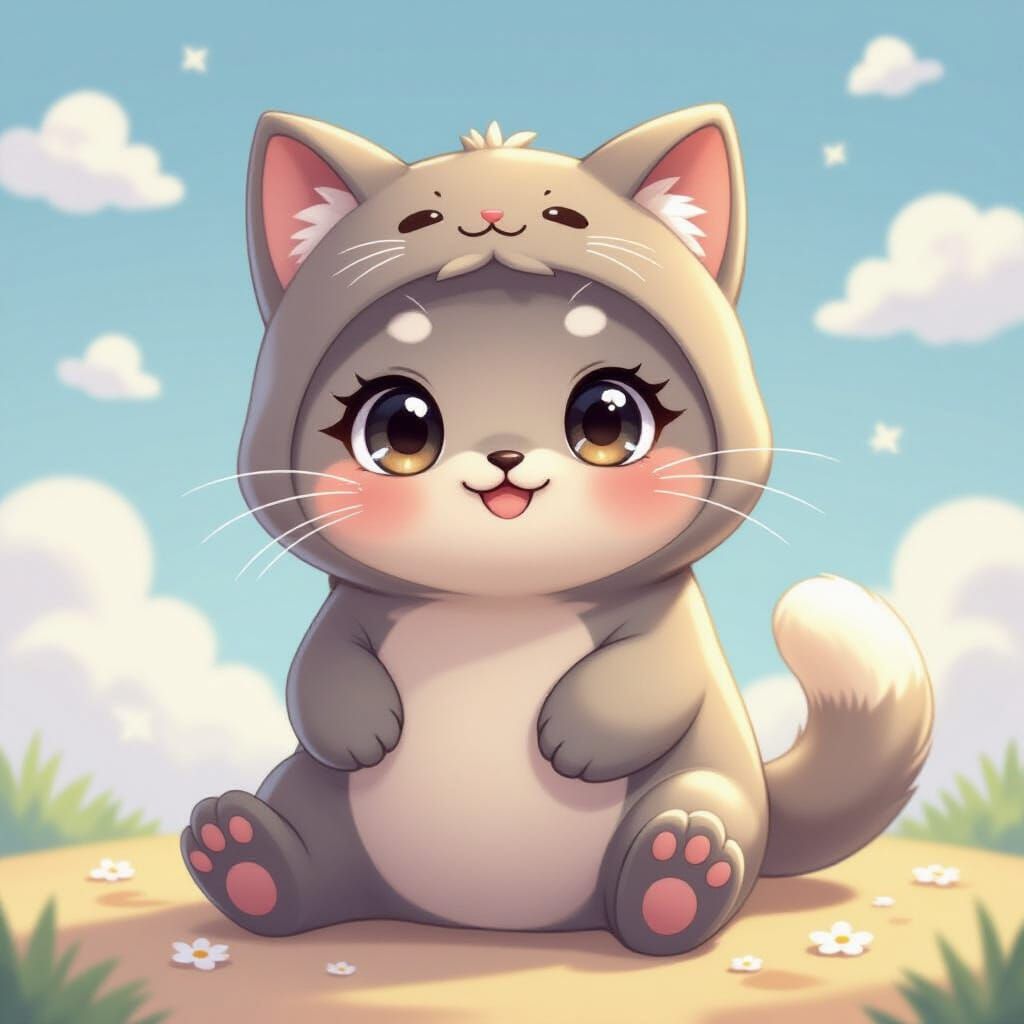 Adorable Chibi Seal Dressed as a Cat in Pastel Whimsy