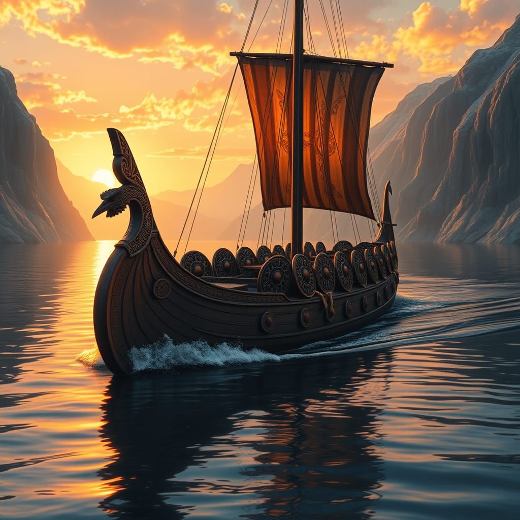 Viking Longship at Sunset in Hyperrealistic Fantasy Art