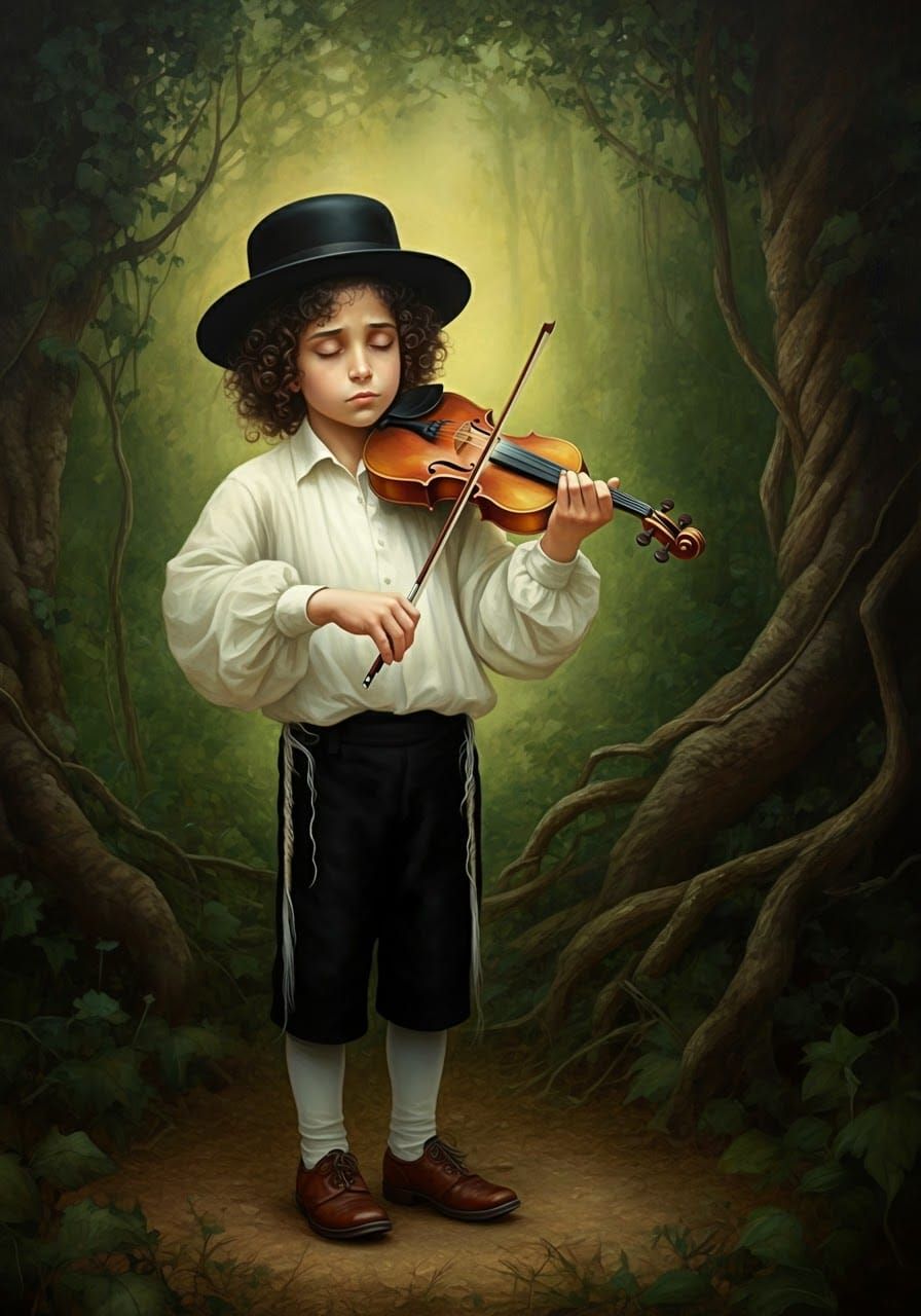Jewish Boy Playing Violin in Forest, Oil Painting